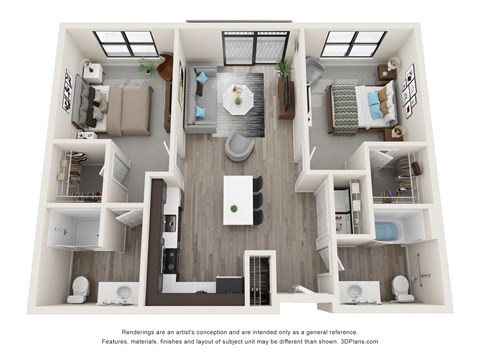 Floor plan for 2 beds, 2 baths, 998 sqft